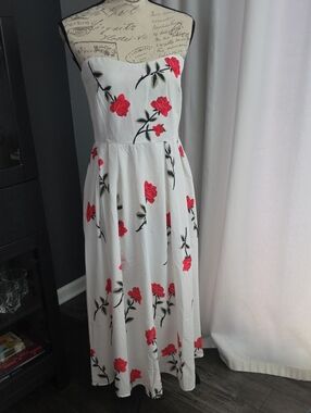 White Strapless Floral Maxi Dress with Red Roses